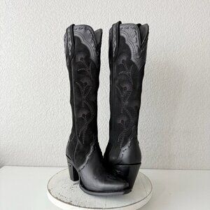 Lane Tess Knee High Black Suede & Leather Snip Toe Cowboy Boots Women’s 6